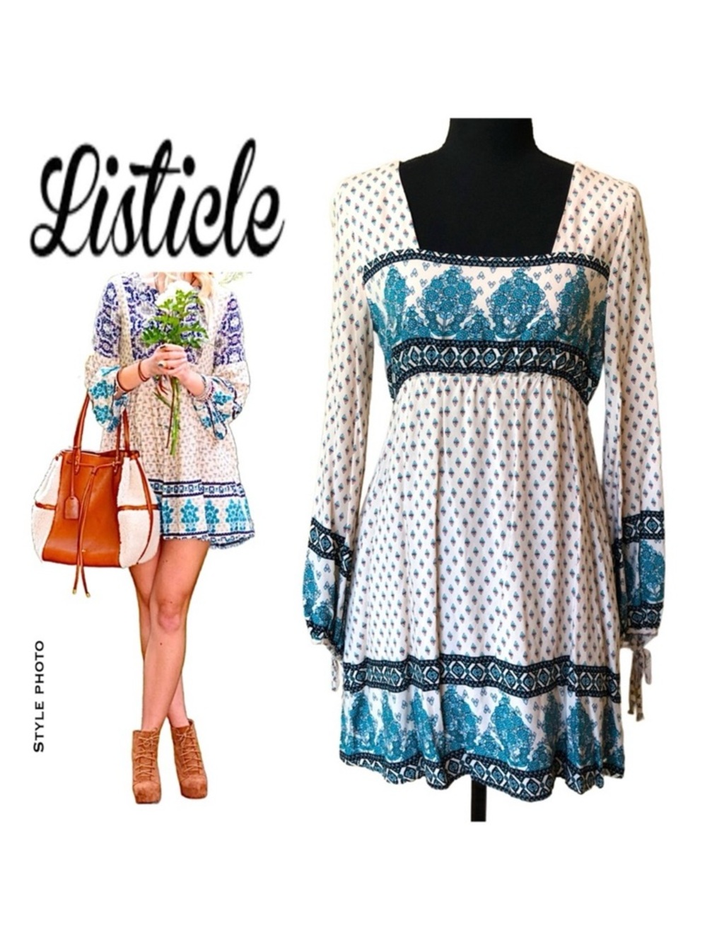 LISTICLE Bohemian Lined Mini Dress Long Sleeves (M)